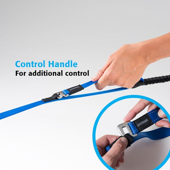 Alt text: "Hand using Rogz dog leash control handle for extra grip."