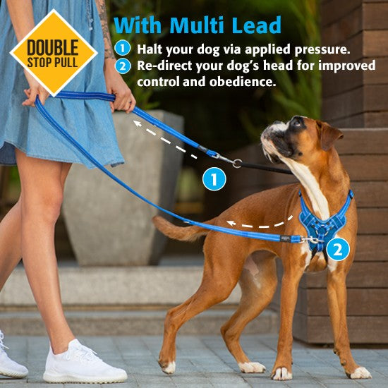 Person demonstrating Rogz dog harness and leash features.