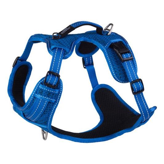 Rogz blue and black dog harness on white background.