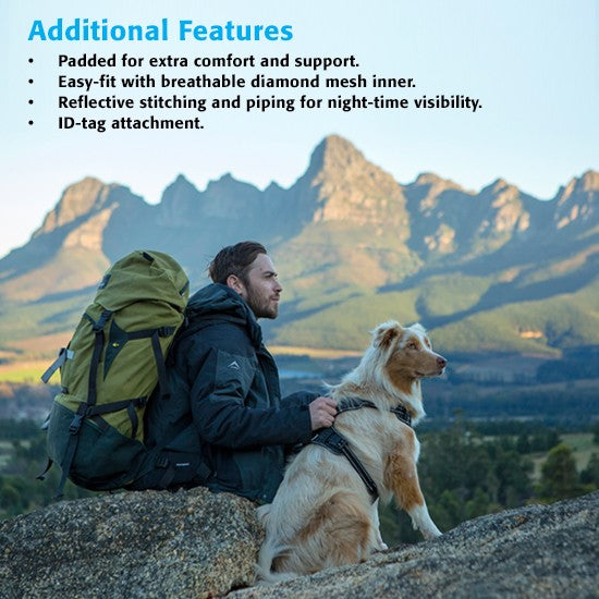 Man with backpack and dog wearing Rogz harness in mountains.