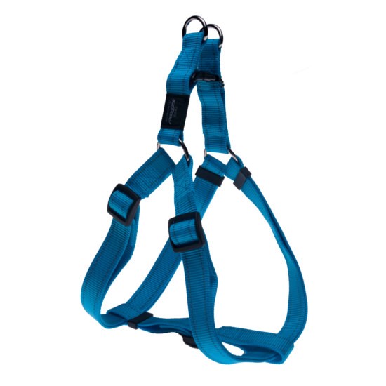 Blue Rogz dog harness on white background.