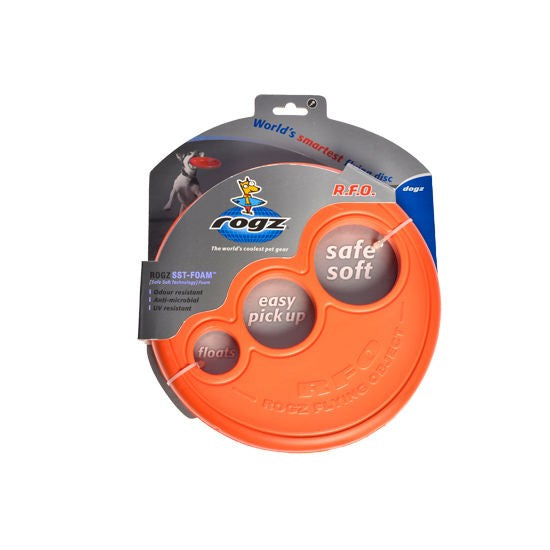 Orange Rogz RFO dog toy on retail packaging.