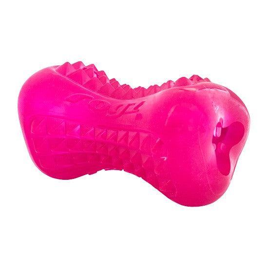 Bright pink Rogz dog chew toy on white background.