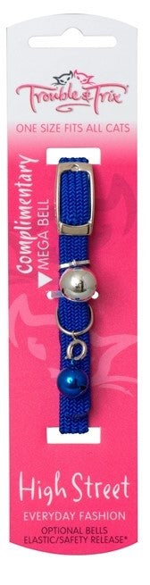 Trouble & Trix blue cat collar with bells in packaging.