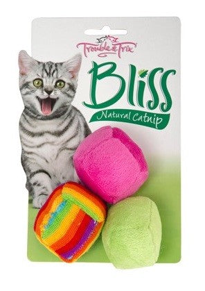 Trouble & Trix catnip balls with cat on packaging.