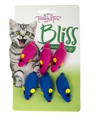 Trouble & Trix Bliss cat toy mice pack, pink and blue.