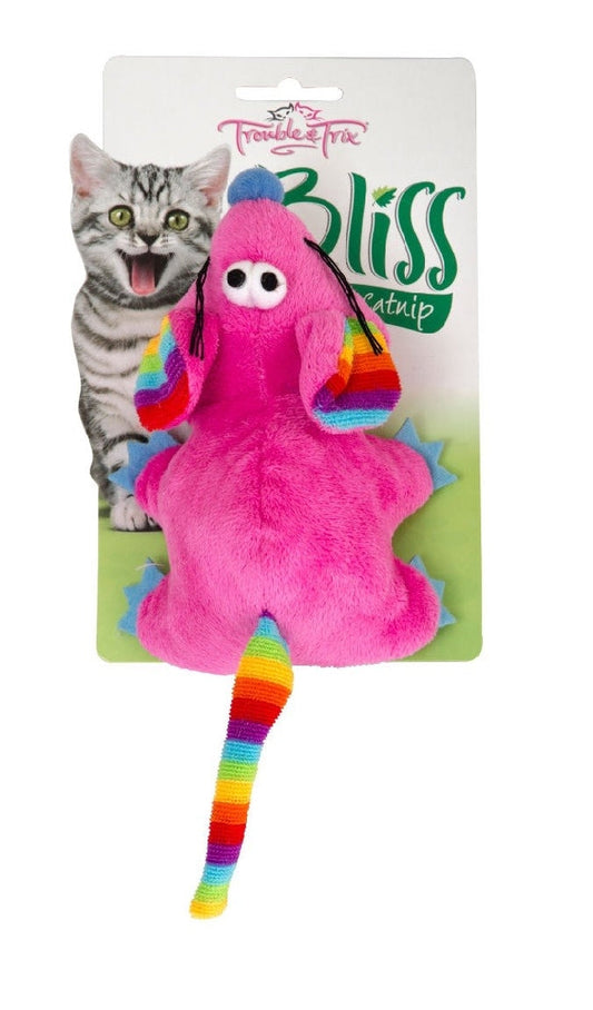 Trouble & Trix pink catnip toy with rainbow accents.