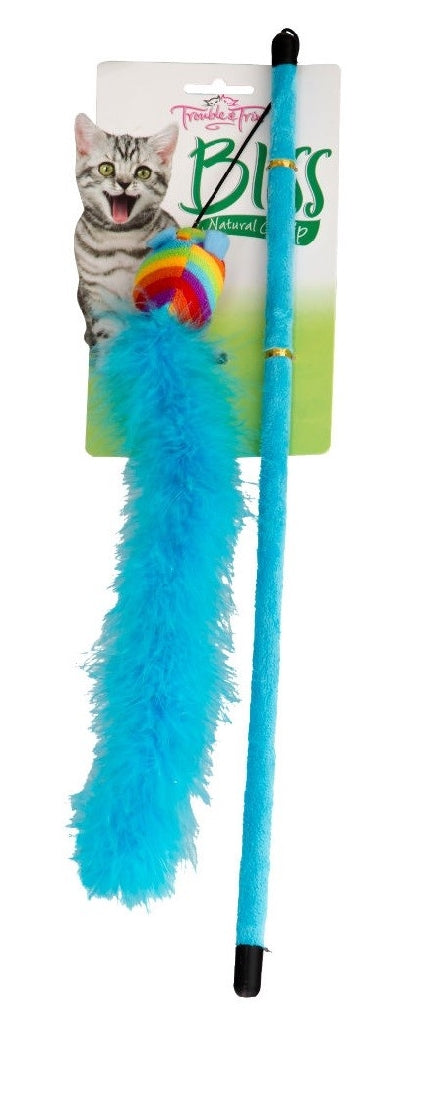 Trouble & Trix cat toy with blue feather and stick.