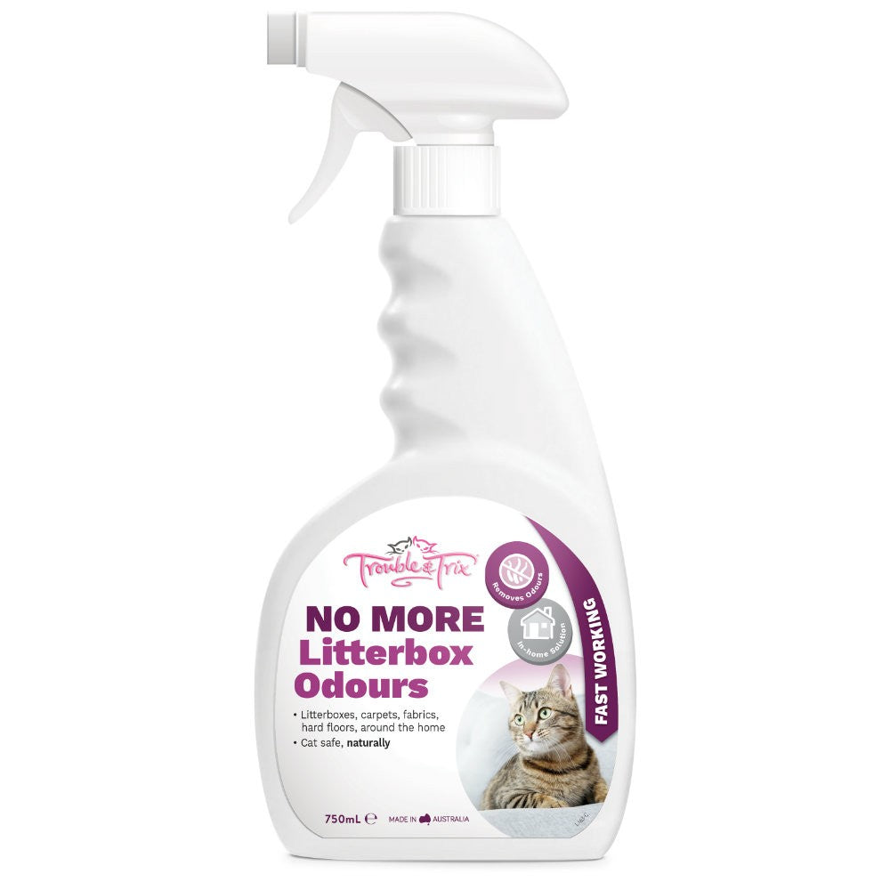 Trouble & Trix odor remover spray bottle for litterbox odors.