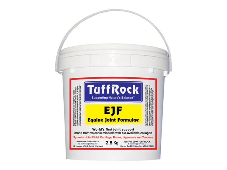 TuffRock equine joint supplements in a white plastic bucket.