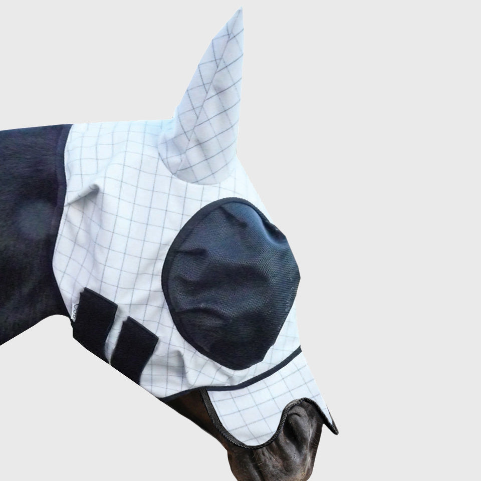 White and black fly veil for horses with ear covers.