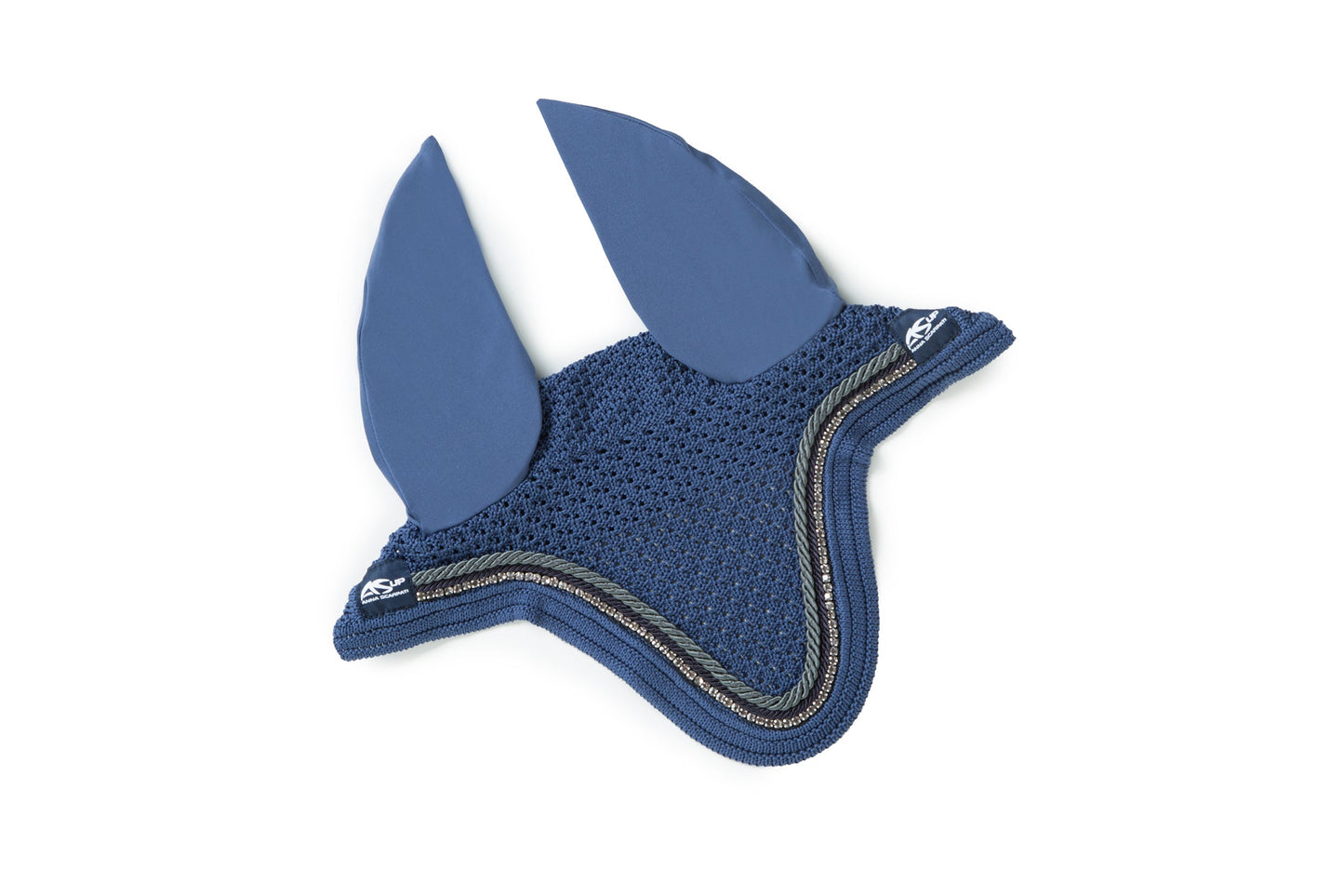 Anna Scarpati blue horse ear bonnet with decorative trim.