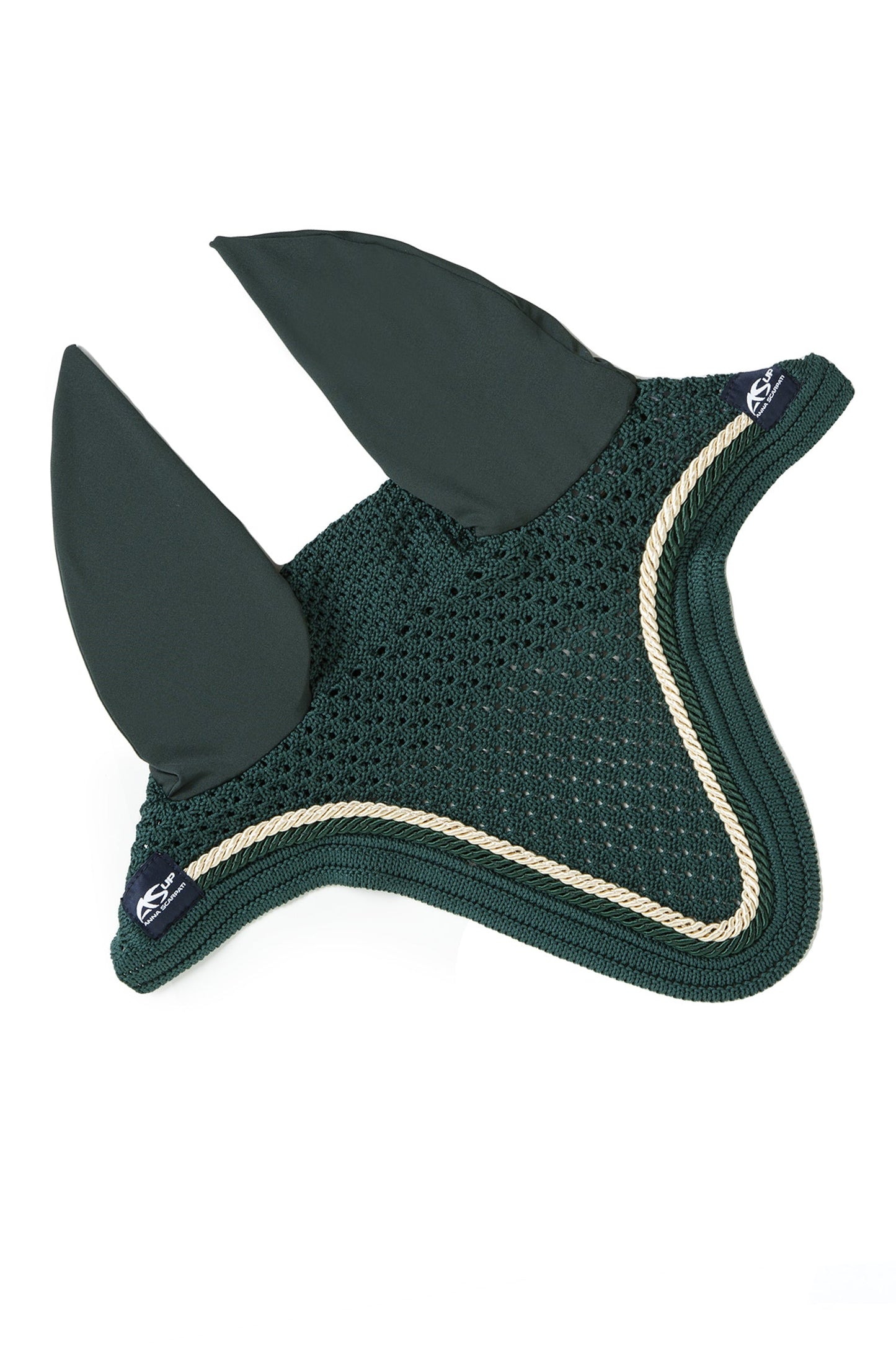 Anna Scarpati horse ear bonnet in dark green with gold trim.