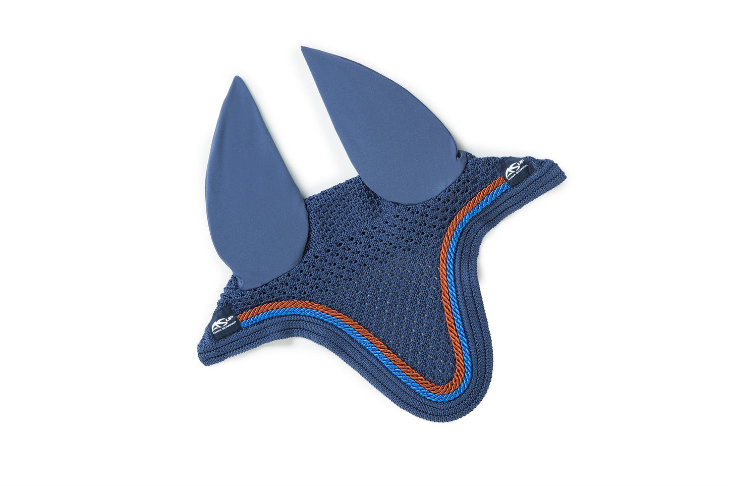 Anna Scarpati horse ear bonnet with orange and blue trim.