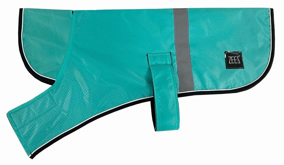 Turquoise Zeez dog coat with reflective strip and logo.