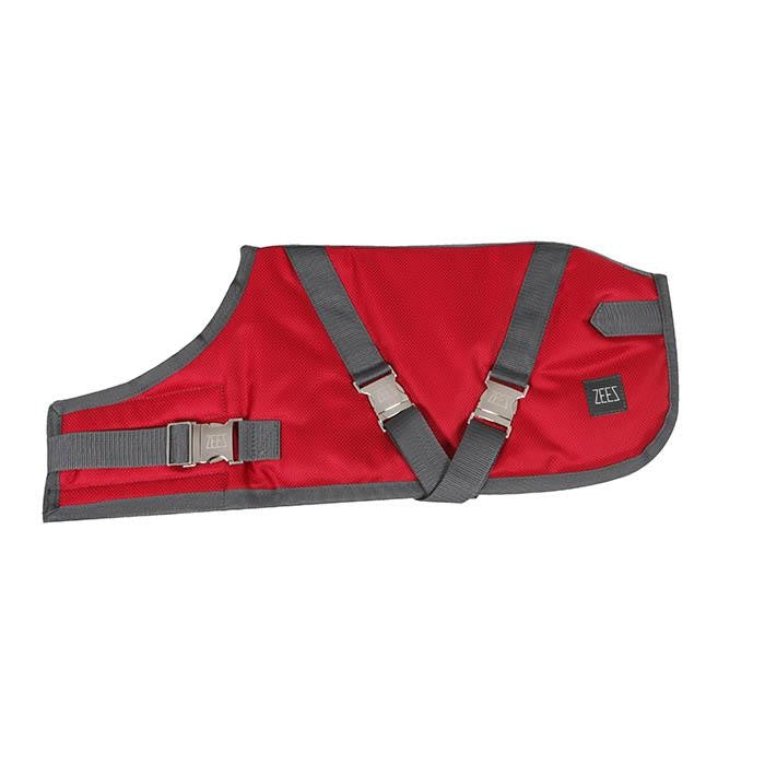 Red Zeez dog coat with grey straps and buckles.