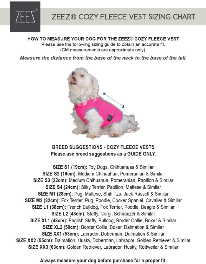 Dog in pink Zeez coat, sizing chart for various breeds.