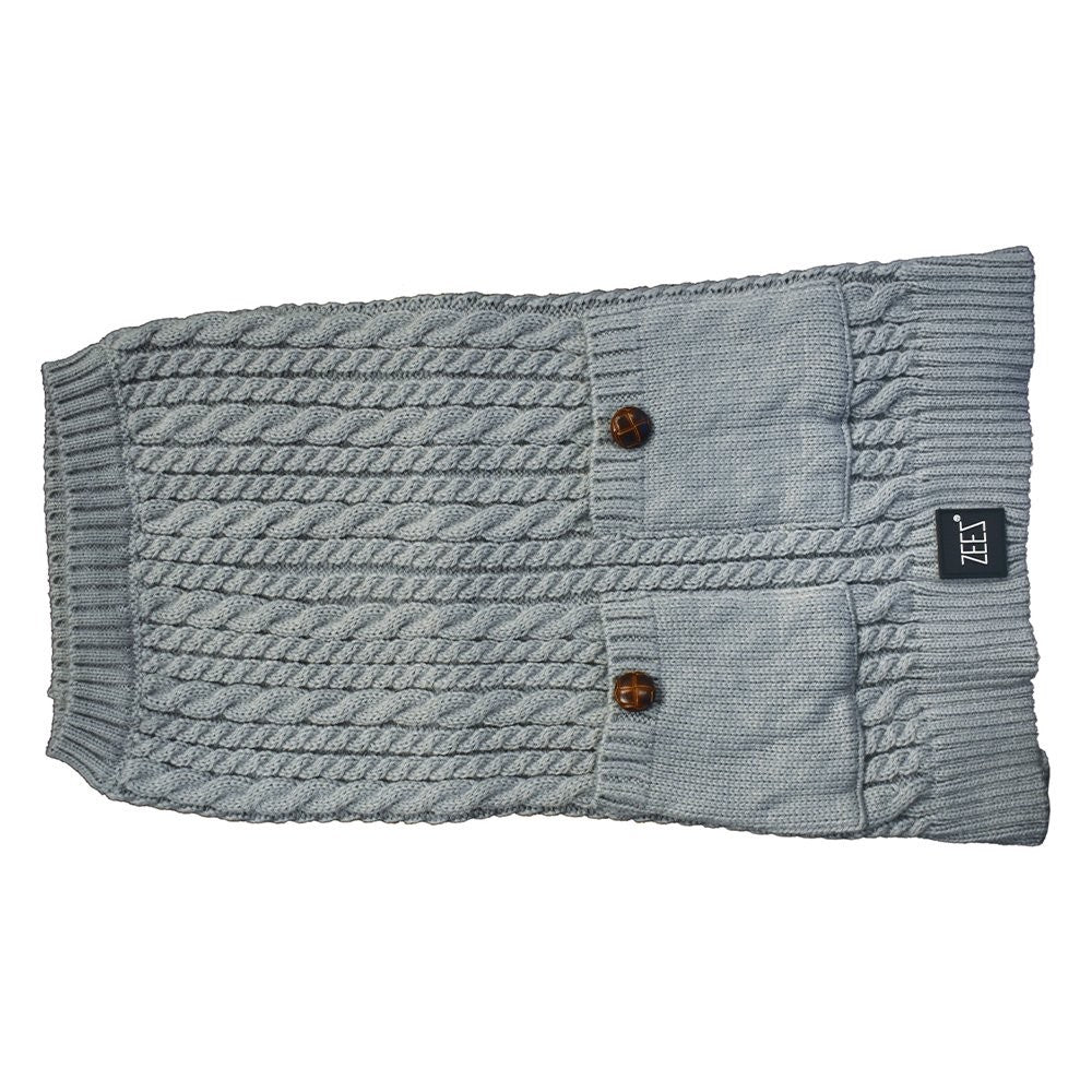 Grey knitted Zeez dog coat with buttons and ribbed cuffs.