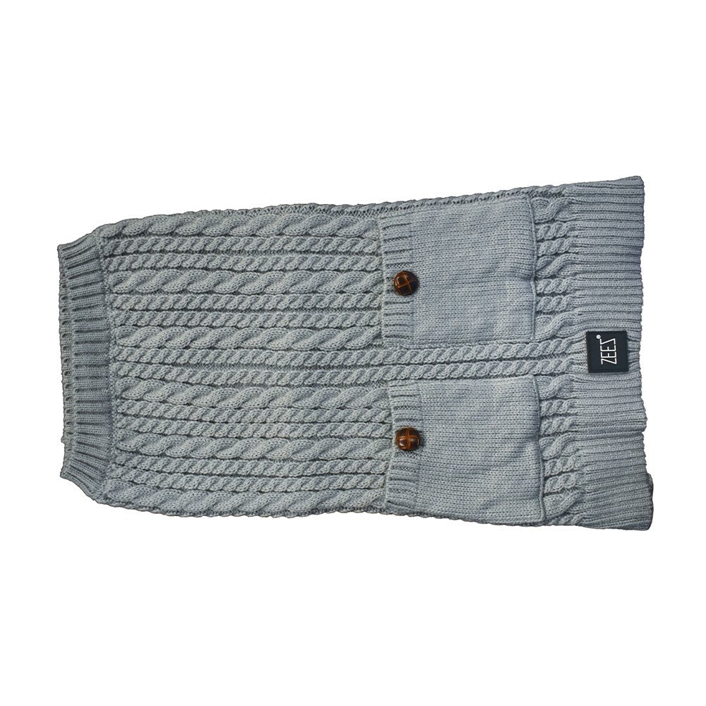 Gray Zeez dog coat with cable-knit design and buttons.