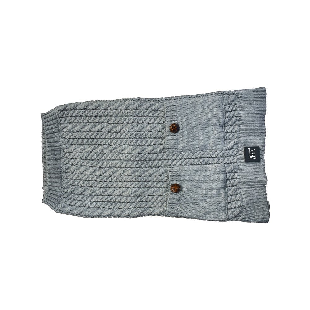 Gray knitted cable Zeez dog coat with two buttons, pockets.