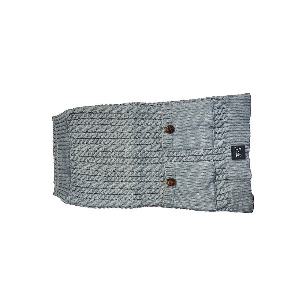 Grey Zeez dog coat with button details and cable knit.