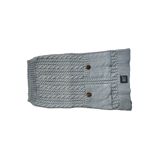 Grey Zeez dog coat with button details and cable knit.