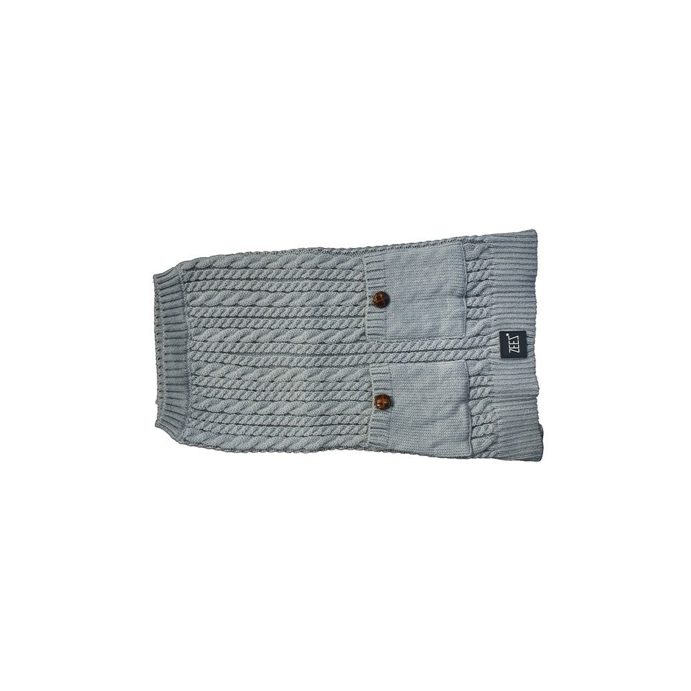 Gray, knitted Zeez dog coat with buttons and pockets.