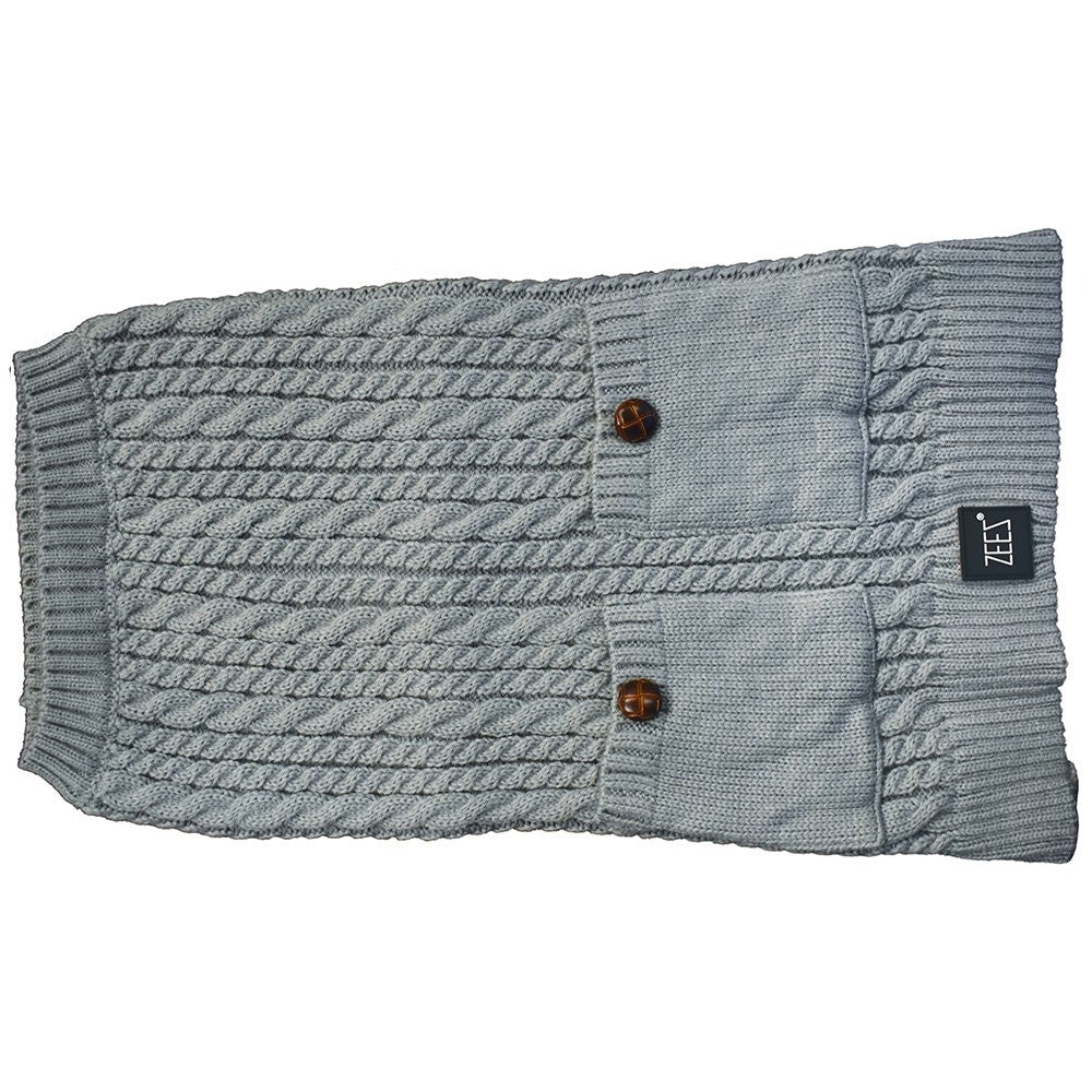 Grey, cable-knit Zeez dog coat with buttons and sleeves.