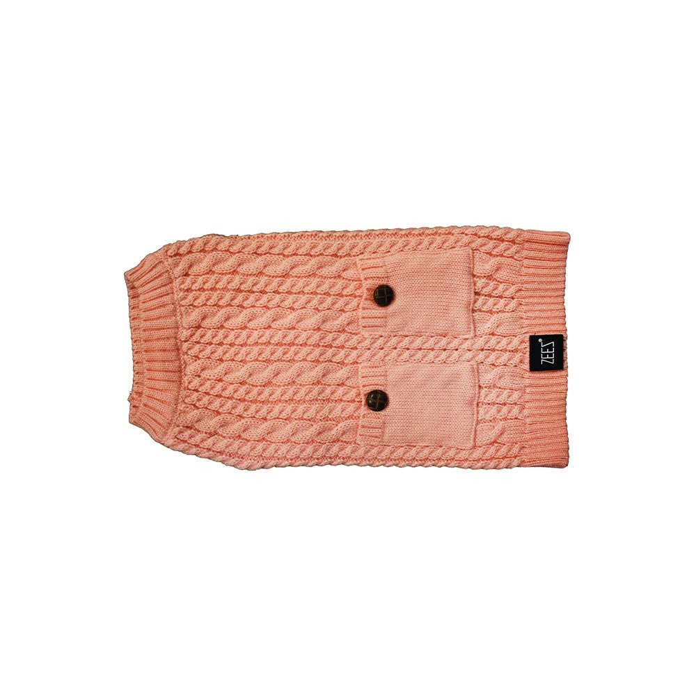 Pink knitted Zeez dog coat with pockets and buttons.