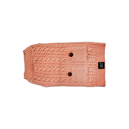 Pink knitted Zeez dog coat with pockets and buttons.