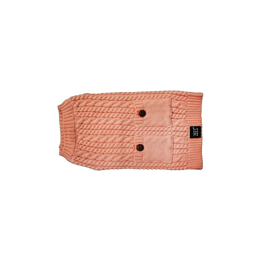 Pink knitted Zeez dog coat with pockets and buttons.