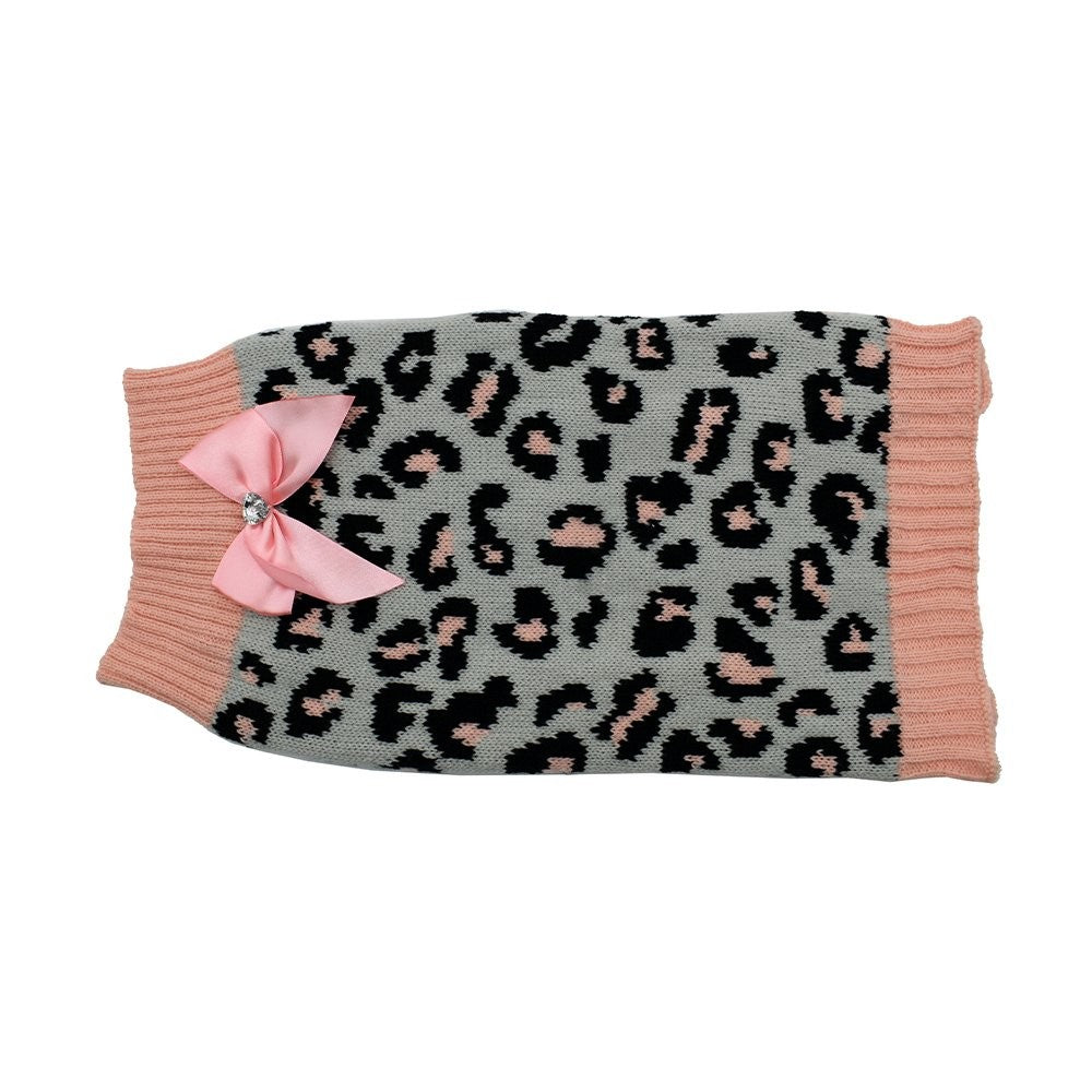 Zeez dog coat with leopard print and pink bow.