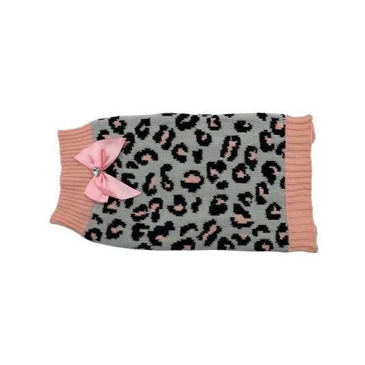 Zeez dog coat with leopard print and pink bow.