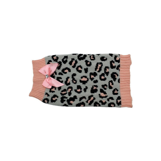 Leopard-patterned Zeez dog coat with pink bow accent.