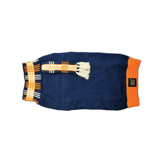 Blue and orange knitted Zeez dog coat with fringe detail.