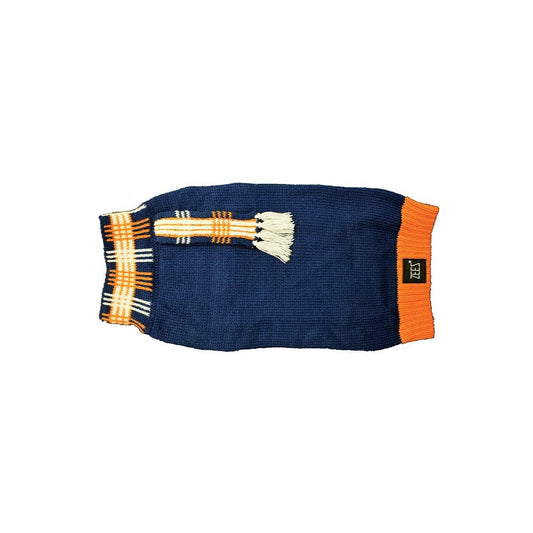 Blue and orange Zeez dog coat with tassel decoration.