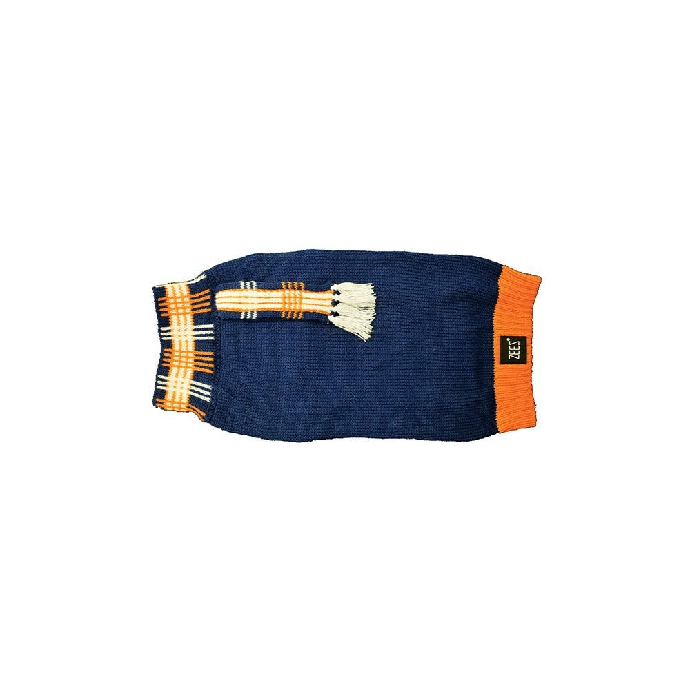 Blue Zeez dog coat with orange cuffs and fringe.