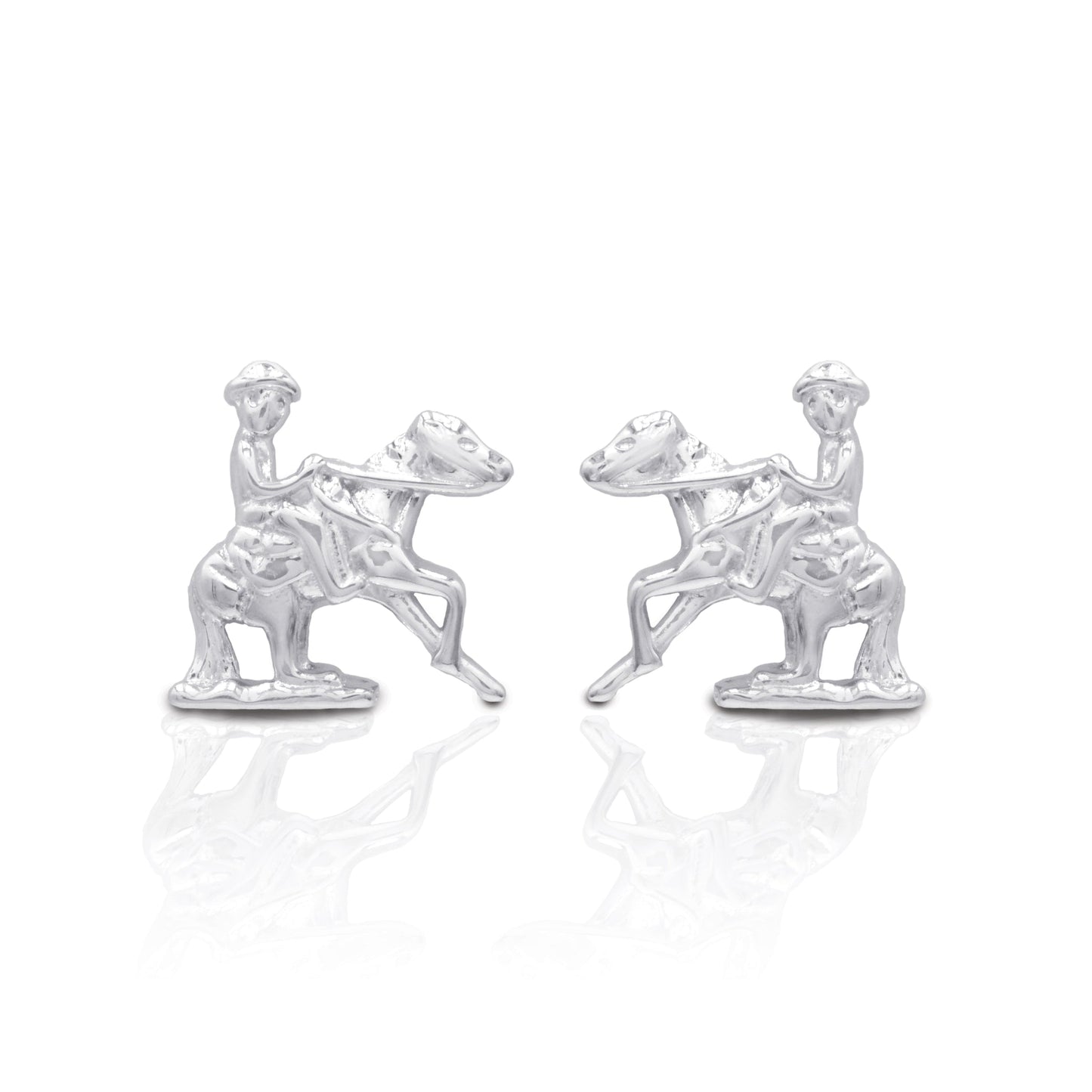 Kelly Herd sterling silver horse and jockey earrings on white background.