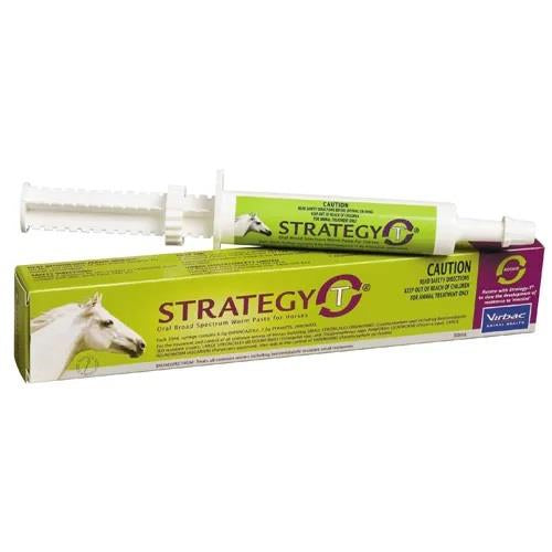 Strategy-T brand horse wormer in a syringe and box packaging.