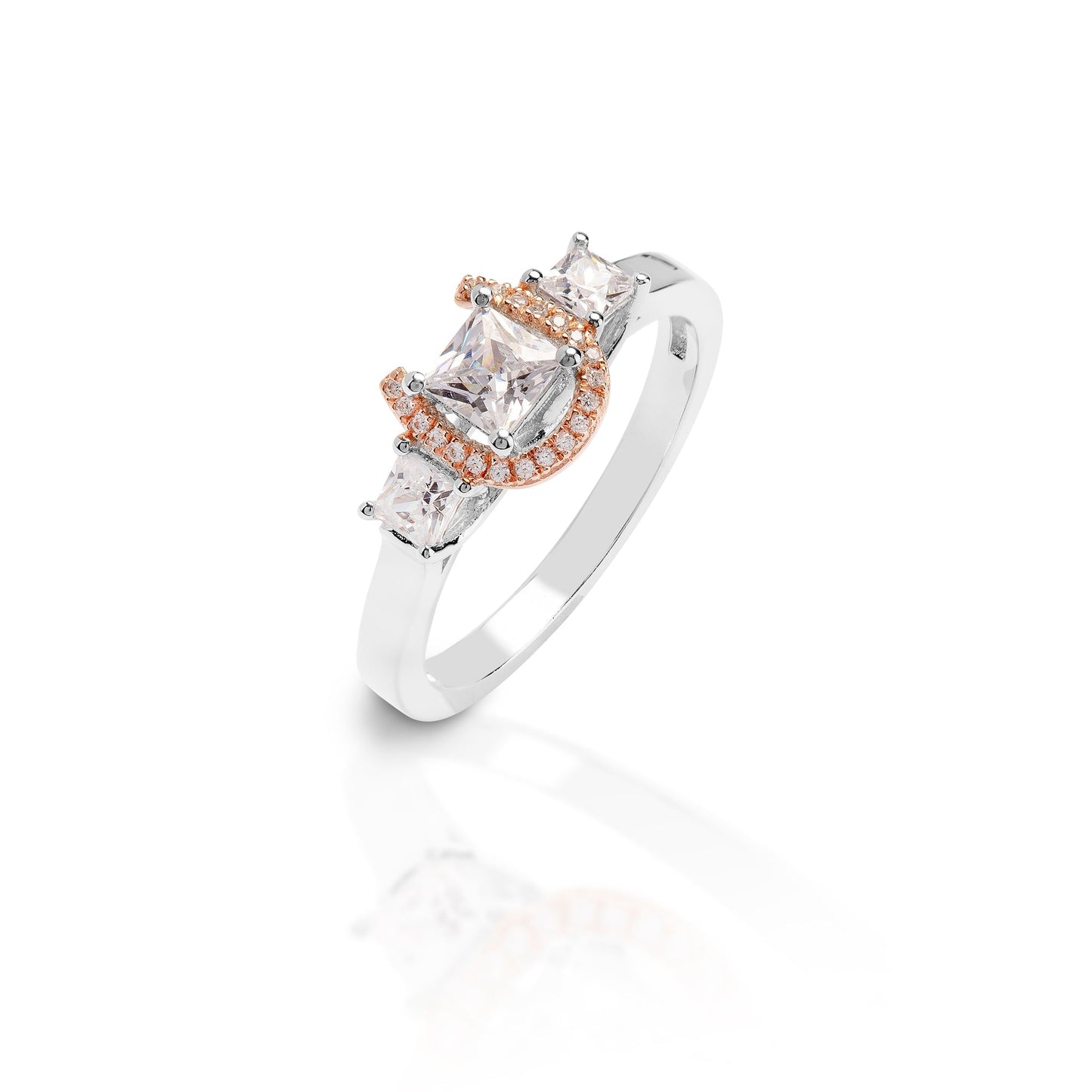 Kelly Herd ring with princess-cut stones and rose gold accents.