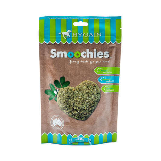 Brown and green Smoochies horse treat package with blue accents.